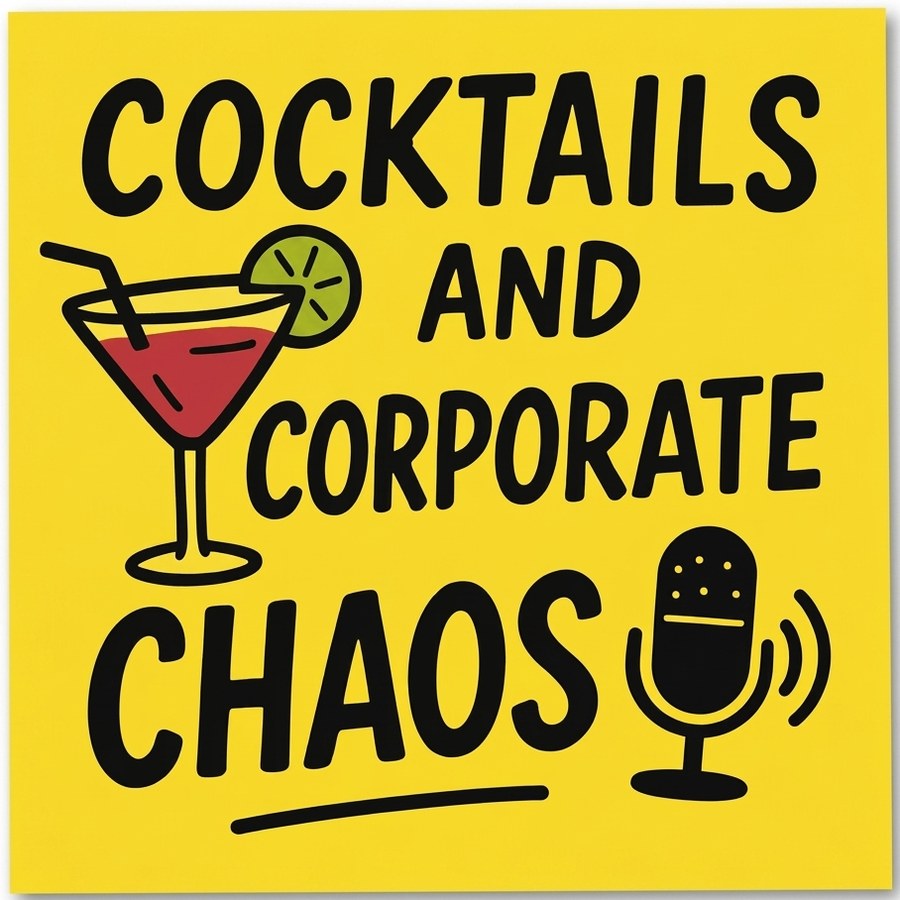 Cocktails and Corporate Chaos podcast cover art: a martini glass and a microphone on bright yellow.